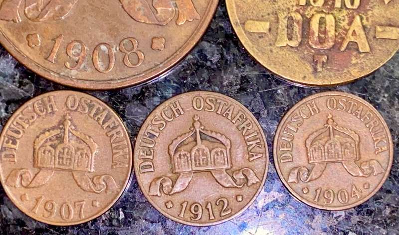 GERMAN EAST AFRICA 20 HELLER 1916, 5 HELLER 1908, 1 HELLE 1907+1912 & 1/2 HELLER 1904(1 BID TAKES AL