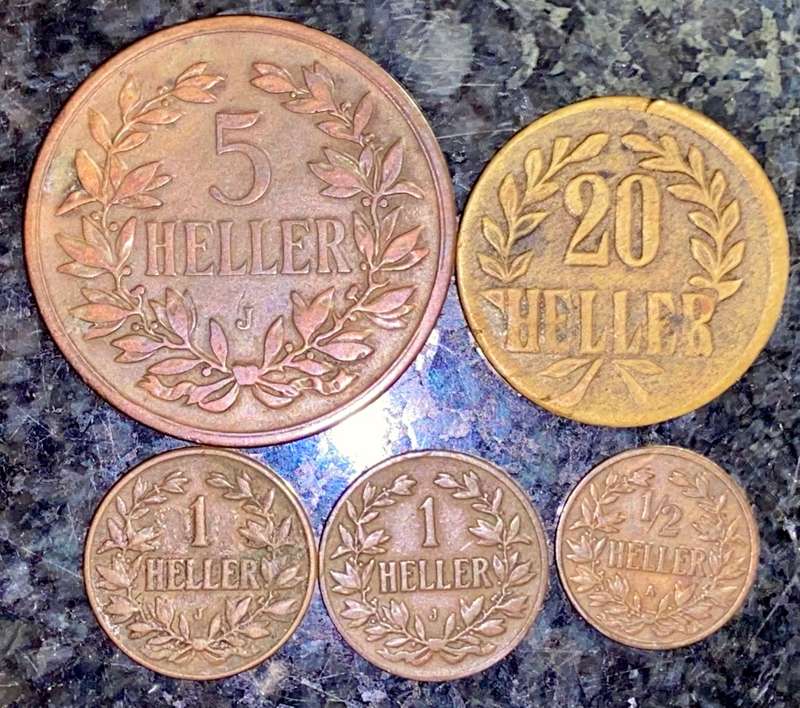 GERMAN EAST AFRICA 20 HELLER 1916, 5 HELLER 1908, 1 HELLE 1907+1912 & 1/2 HELLER 1904(1 BID TAKES AL