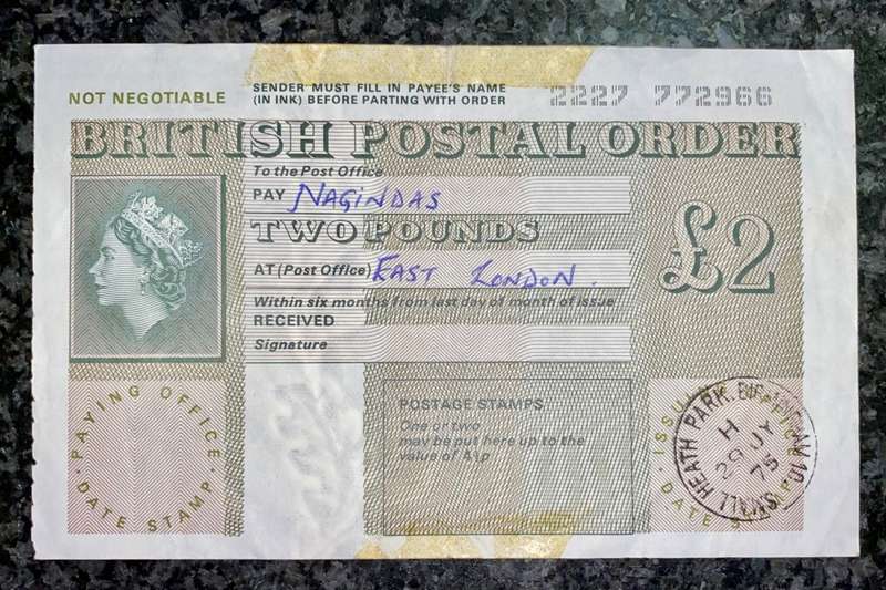GREAT BRITIAN POSTAL ORDER 2 POUNDS 1975 STAMPED HEATH PARK