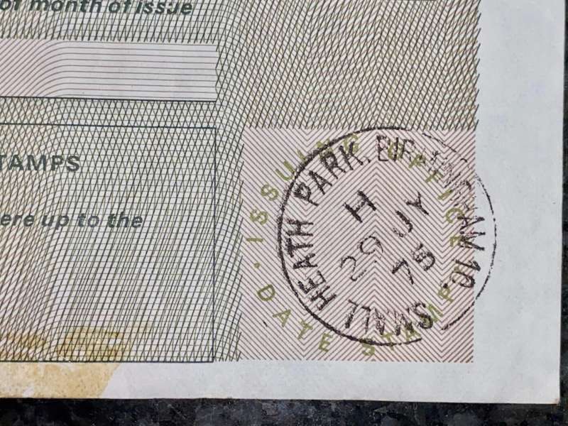 GREAT BRITIAN POSTAL ORDER 2 POUNDS 1975 STAMPED HEATH PARK