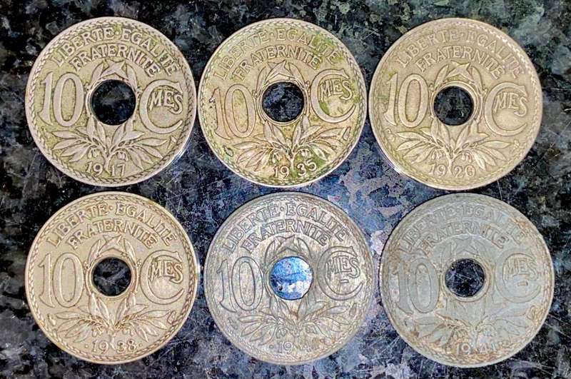 FRANCE SET 10 CENTIMINES 1917, 1920, 1935, 1938 & 2 X 1941 WW2(1 BID TAKES ALL)