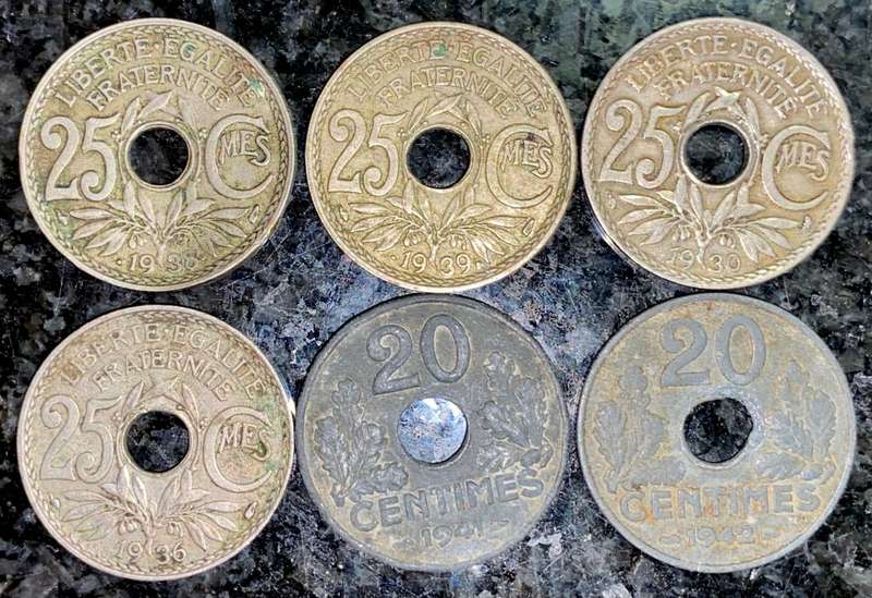 FRANCE SET 25 CENTIMINES 1930, 1936, 1938, 1939, 1941 & 1942 WW2(1 BID TAKES ALL)