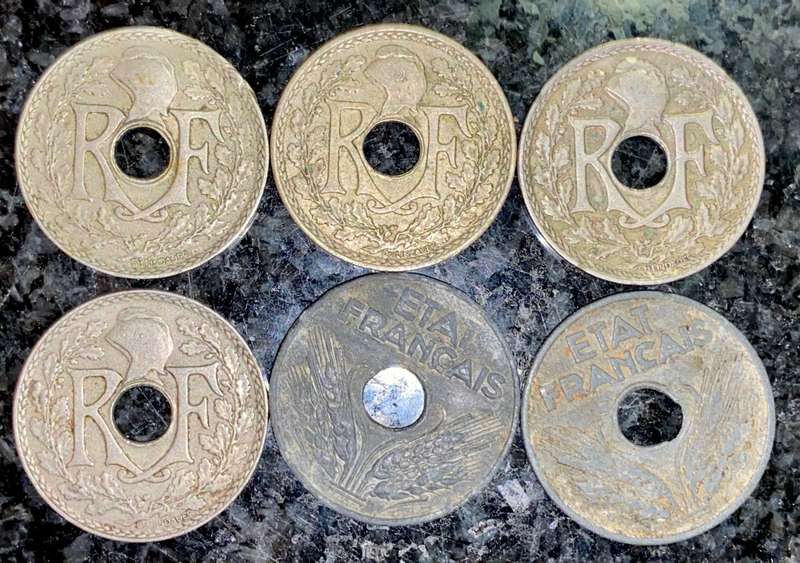 FRANCE SET 25 CENTIMINES 1930, 1936, 1938, 1939, 1941 & 1942 WW2(1 BID TAKES ALL)