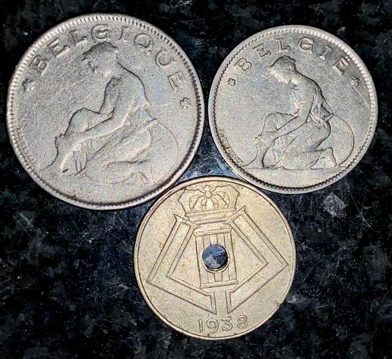 BELGIUM SET 2 FRANCS 1923, 1 FRANCS 1934 & 10 CENTIMES 1938(1 BID TAKES ALL)
