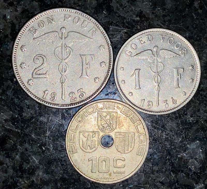 BELGIUM SET 2 FRANCS 1923, 1 FRANCS 1934 & 10 CENTIMES 1938(1 BID TAKES ALL)
