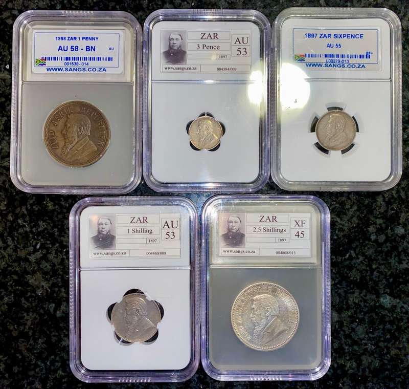 ZAR 1897 GRADED 2 1/2 SHILLING XF45, 1 SHILLING AU53, 6PENCE AU55, 3PENCE AU53 & 1898 1 PENNY AU58BN