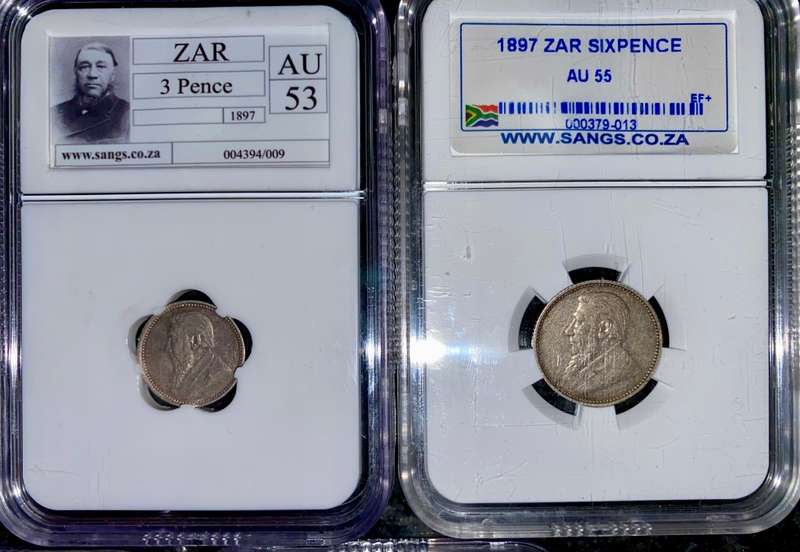 ZAR 1897 GRADED 2 1/2 SHILLING XF45, 1 SHILLING AU53, 6PENCE AU55, 3PENCE AU53 & 1898 1 PENNY AU58BN