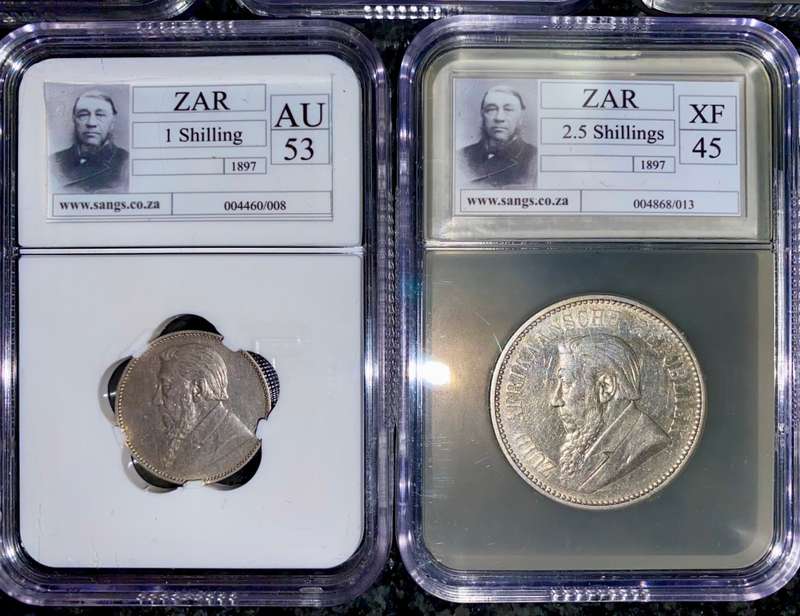 ZAR 1897 GRADED 2 1/2 SHILLING XF45, 1 SHILLING AU53, 6PENCE AU55, 3PENCE AU53 & 1898 1 PENNY AU58BN