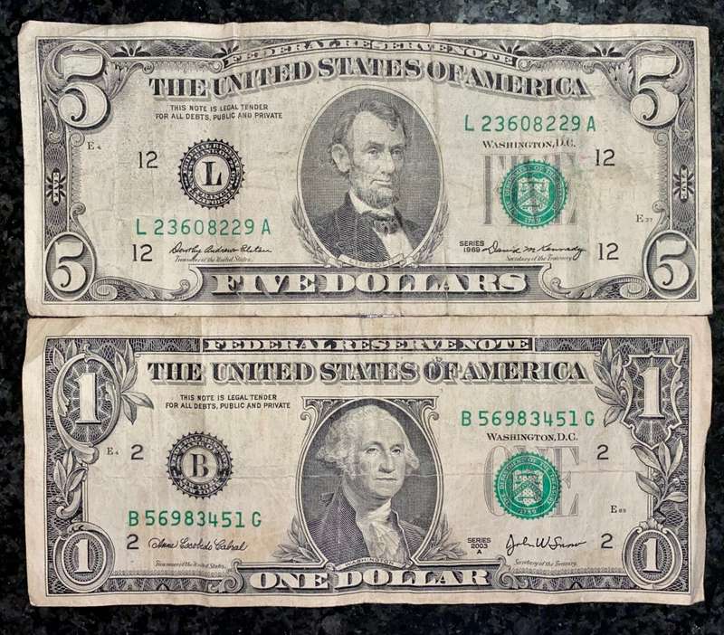 U S A SET 5 DOLLARS 1969 & 1 DOLLAR 2003 (1 BID TAKES ALL)
