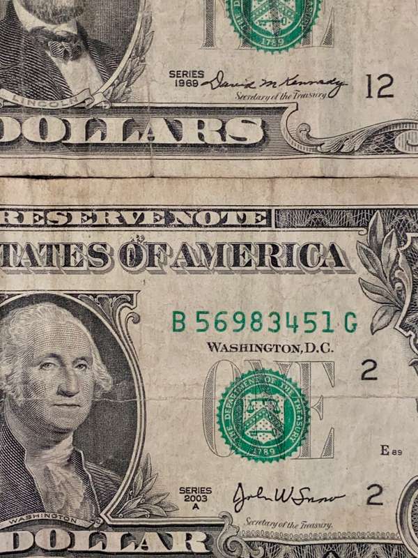 U S A SET 5 DOLLARS 1969 & 1 DOLLAR 2003 (1 BID TAKES ALL)