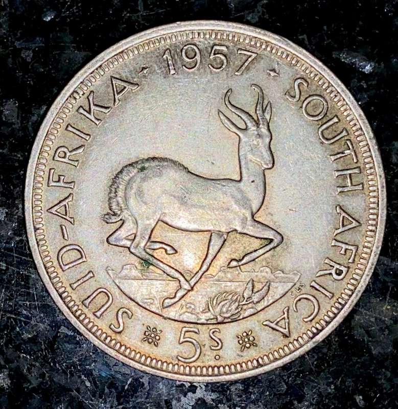 S A UNION SILVER 5 SHILLINGS 1957 GOOD CONDITION SILVER CROWN