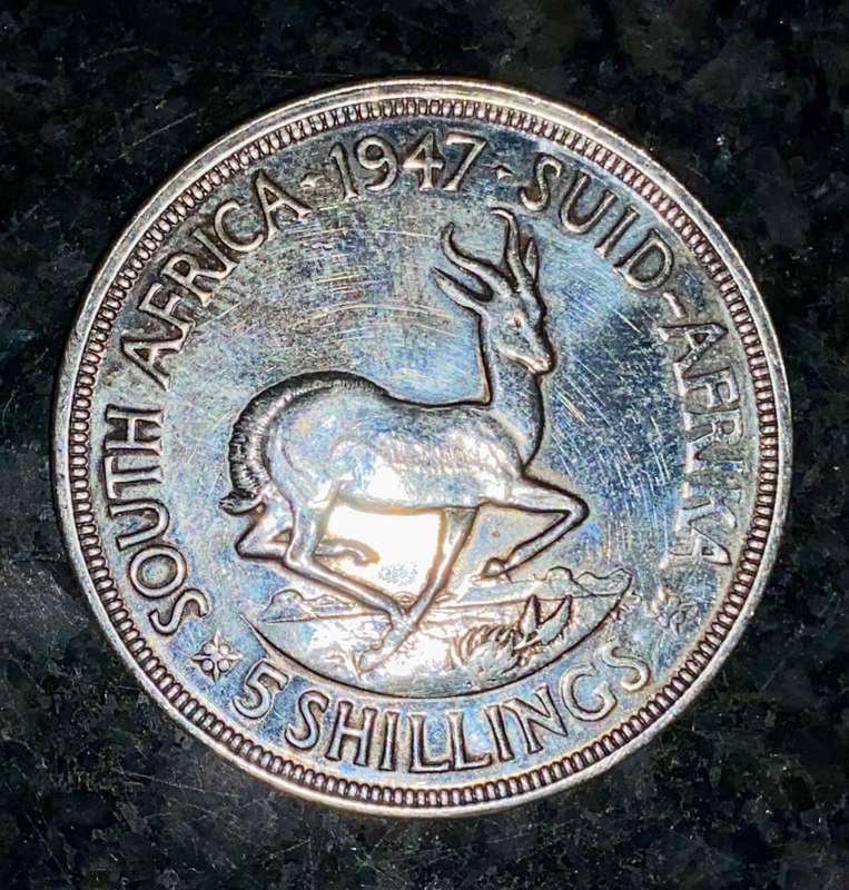 S A UNION SILVER 5 SHILLINGS 1947 CROWN SILVER 80% GOOD CONDITION
