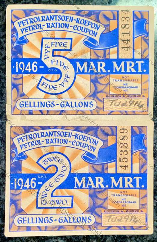 SOUTH AFRICA PETROL RATION COUPONS SET 5 GALLONS  & 2 GALLONS MARCH 1946 -- STAMPED --