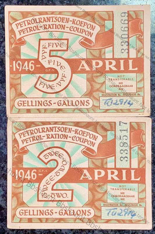 SOUTH AFRICA PETROL RATION COUPONS SET 5 GALLONS & 2 GALLONS APRIL 1946 -- STAMPED --