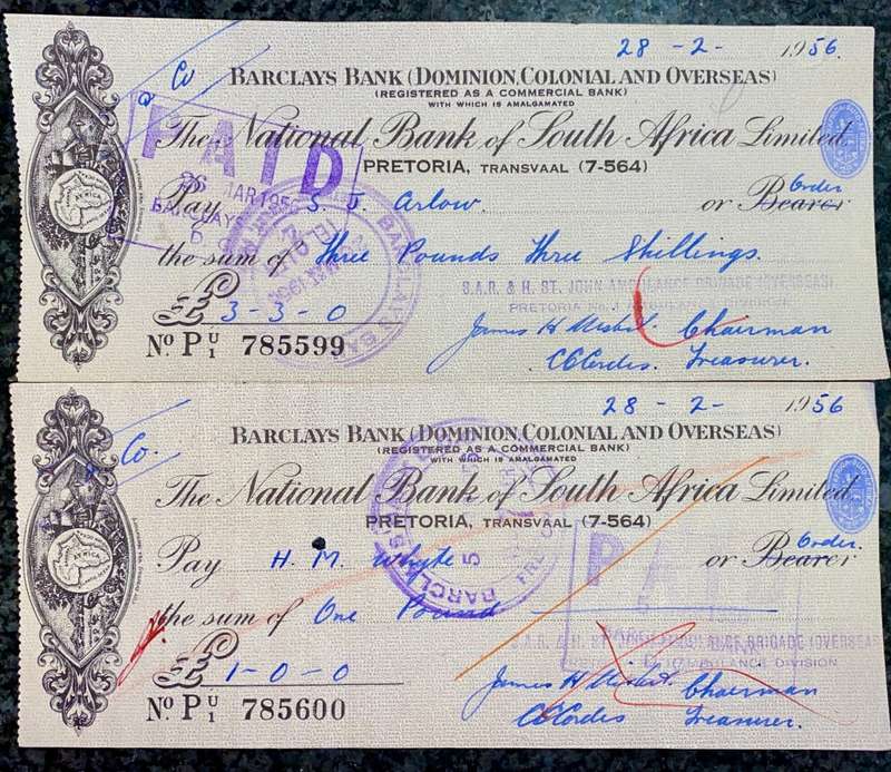 BARCLAYS BANK COLONIAL & OVERSEAS IN SEQ POUND & SHILLING 1956 STAMPED -- ST JOHNS AMBULANCE BRIGADE