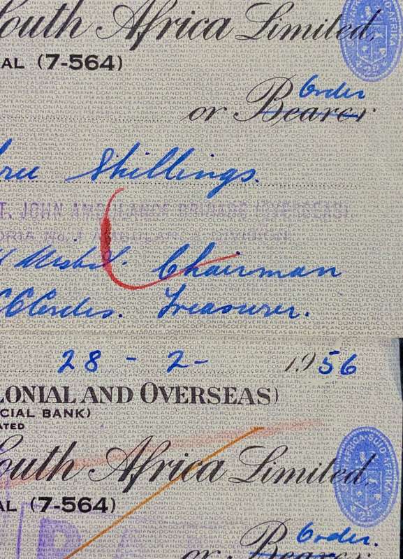 BARCLAYS BANK COLONIAL & OVERSEAS IN SEQ POUND & SHILLING 1956 STAMPED -- ST JOHNS AMBULANCE BRIGADE