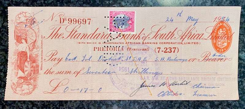 STANDARD BANK SOUTH AFRICA 17 SHILLINGS 1954 WITH 1D STAMP -- ST JOHNS AMBULANCE BRIGADE