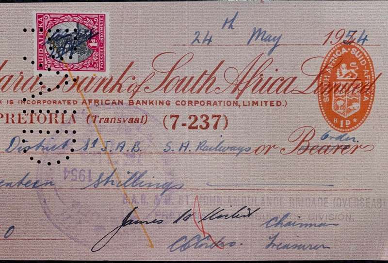 STANDARD BANK SOUTH AFRICA 17 SHILLINGS 1954 WITH 1D STAMP -- ST JOHNS AMBULANCE BRIGADE