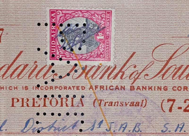 STANDARD BANK SOUTH AFRICA 17 SHILLINGS 1954 WITH 1D STAMP -- ST JOHNS AMBULANCE BRIGADE
