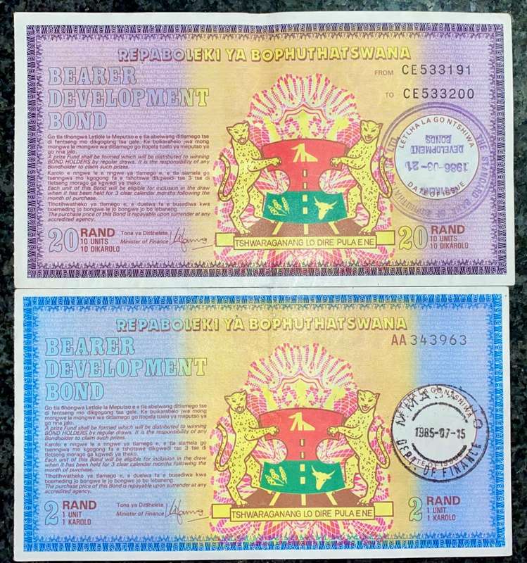 BOPHUTHATSWANA R2 MMABATHO 1985 & R20 BEARER BOND STAMPED - 1986 STANDARD BANK BOPHUTHATSWANA