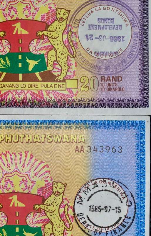BOPHUTHATSWANA R2 MMABATHO 1985 & R20 BEARER BOND STAMPED - 1986 STANDARD BANK BOPHUTHATSWANA