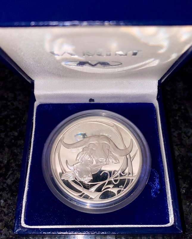 SOUTH AFRICA PROOF SILVER 1OZ -- 20 CENT WILDLIFE AFRICAN BUFFALO -- IN BLUE SA MINT BOX & CAPSULE