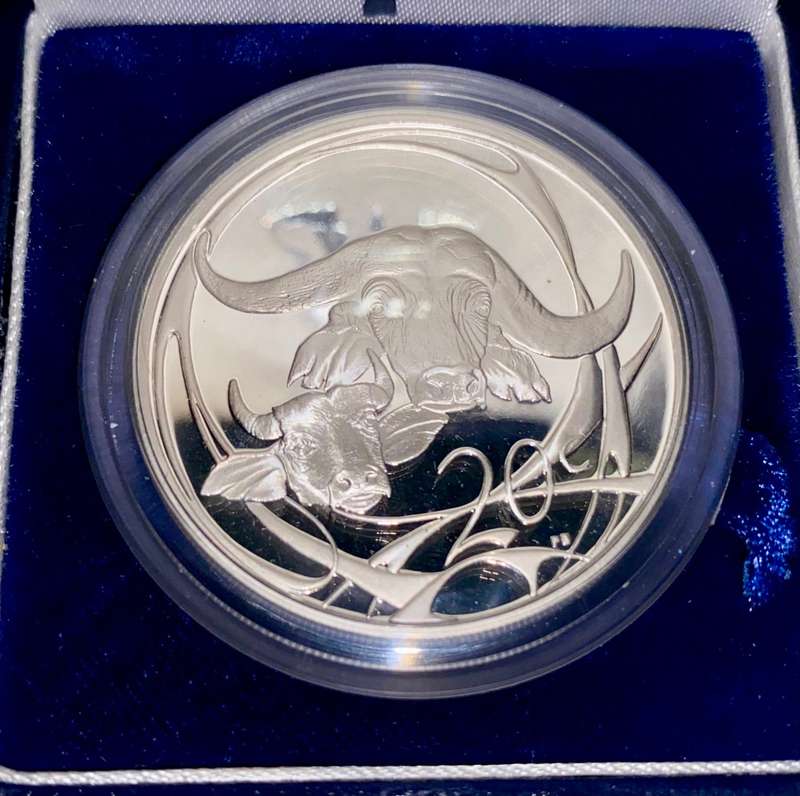 SOUTH AFRICA PROOF SILVER 1OZ -- 20 CENT WILDLIFE AFRICAN BUFFALO -- IN BLUE SA MINT BOX & CAPSULE