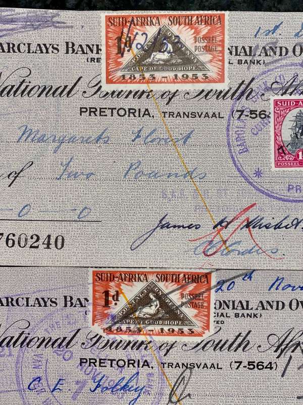 BARCLAYS BANK COLONIAL & OVERSEAS IN SEQ POUNDS 1956 CAPE HOPE 1D STAMP -- ST JOHN AMBULANCE BRIGAD