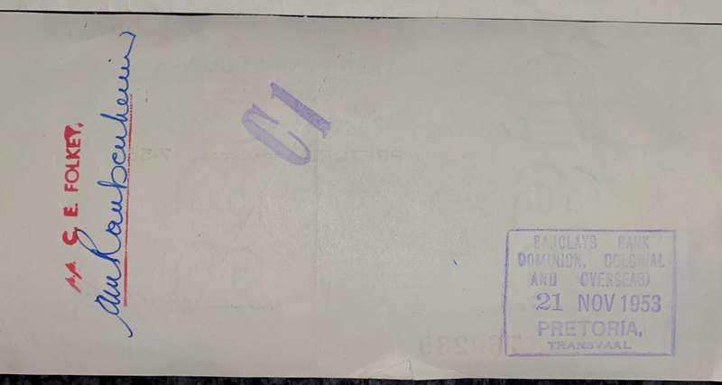 BARCLAYS BANK COLONIAL & OVERSEAS IN SEQ POUNDS 1956 CAPE HOPE 1D STAMP -- ST JOHN AMBULANCE BRIGAD