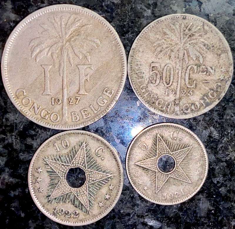 BELGIUM CONGO SET 1 FRANC 1927, 50 CENTIMES 1923, 10 CENTIMES 1922 & 5 CENTIMES 1921(1 BID TAKES ALL