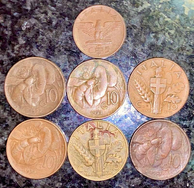 ITALY SET 10 CENTESIMI 1921, 1925, 1933, 1936, 1938 & 1941WW2 + 5 CENTESIMI 1938(1 BID TAKES ALL)