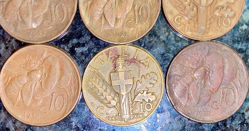 ITALY SET 10 CENTESIMI 1921, 1925, 1933, 1936, 1938 & 1941WW2 + 5 CENTESIMI 1938(1 BID TAKES ALL)