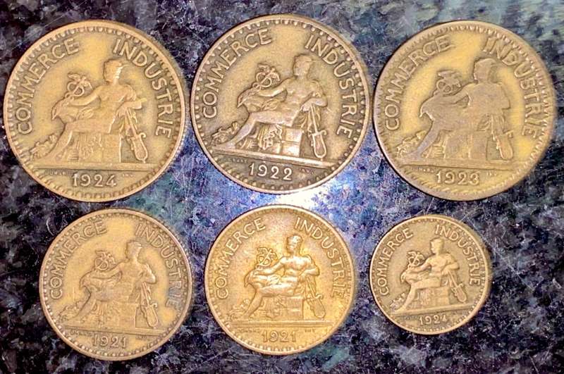 FRANCE SET 2 FRANCS 1922,1923,1924 & 1 FRANCS 1921,1924 & 50 CENTIMES 1924(1 BID TAKES ALL)