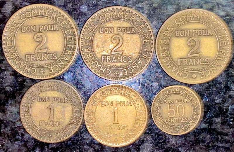 FRANCE SET 2 FRANCS 1922,1923,1924 & 1 FRANCS 1921,1924 & 50 CENTIMES 1924(1 BID TAKES ALL)