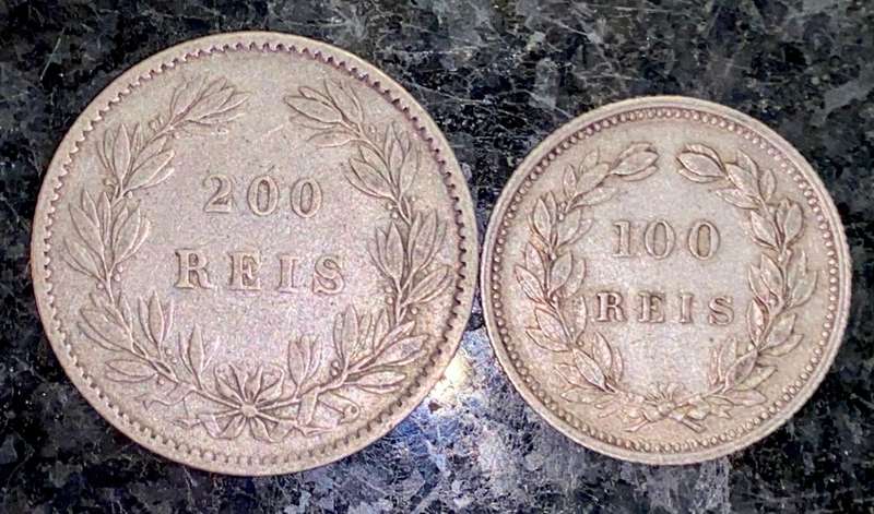 PORTUGAL SILVER 200 REIS 1888 & 100 REIS 1898 (1 BID TAKES ALL)