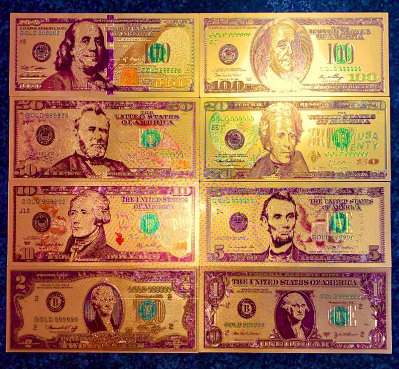 U S A GOLD FOIL - FULL SET 100 DOLLARS TO 1 DOLLAR - UNC GOLD 9999 CARD(1 BID TAKES ALL 8)