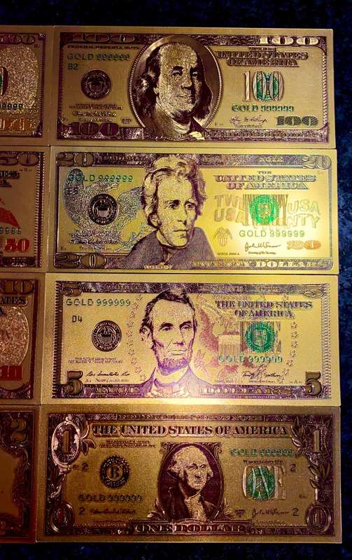 U S A GOLD FOIL - FULL SET 100 DOLLARS TO 1 DOLLAR - UNC GOLD 9999 CARD(1 BID TAKES ALL 8)