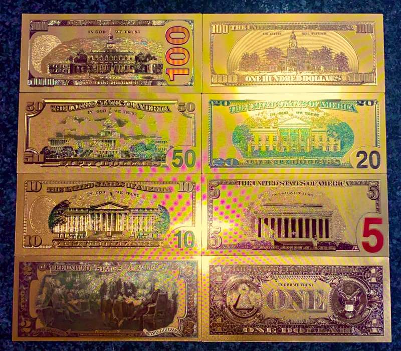 U S A GOLD FOIL - FULL SET 100 DOLLARS TO 1 DOLLAR - UNC GOLD 9999 CARD(1 BID TAKES ALL 8)