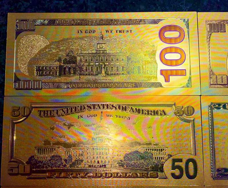 U S A GOLD FOIL - FULL SET 100 DOLLARS TO 1 DOLLAR - UNC GOLD 9999 CARD(1 BID TAKES ALL 8)