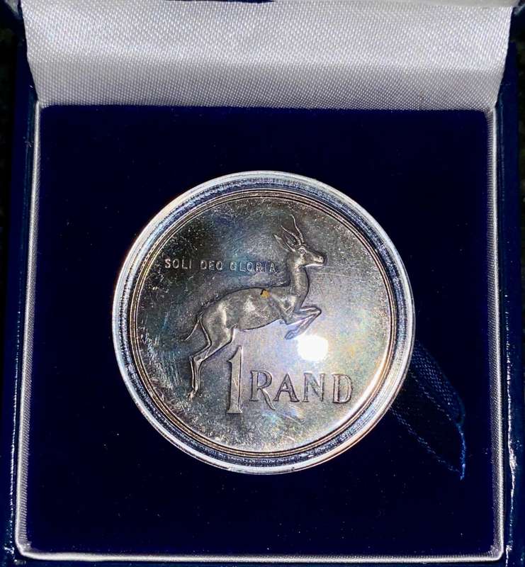 SOUTH AFRICA PROOF SILVER R1 -- 1989 -- NICE BLUE GREY TONING IN SA MINT BOX & CAPSULE