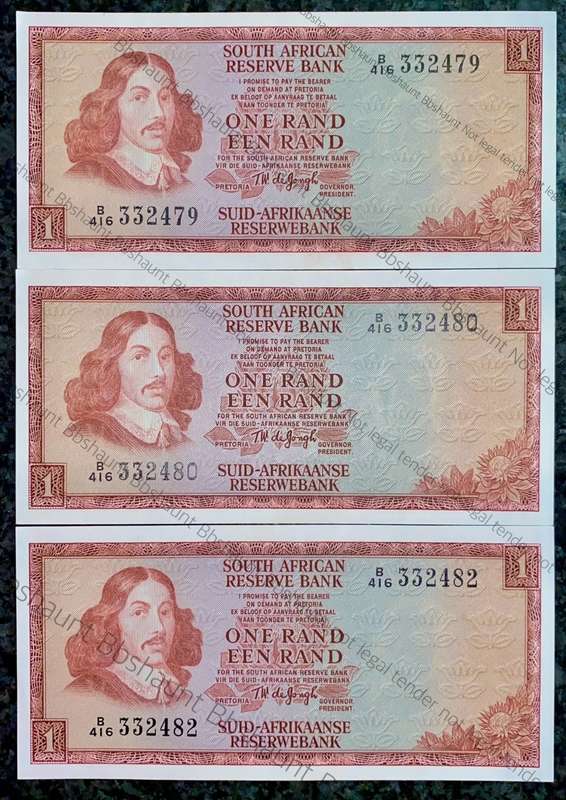 TW DE JONGH R1 IN SEQUENCE B416 /332480-479 & 482 UNC 3RD ISSUE 1975(1 BID TAKES ALL)
