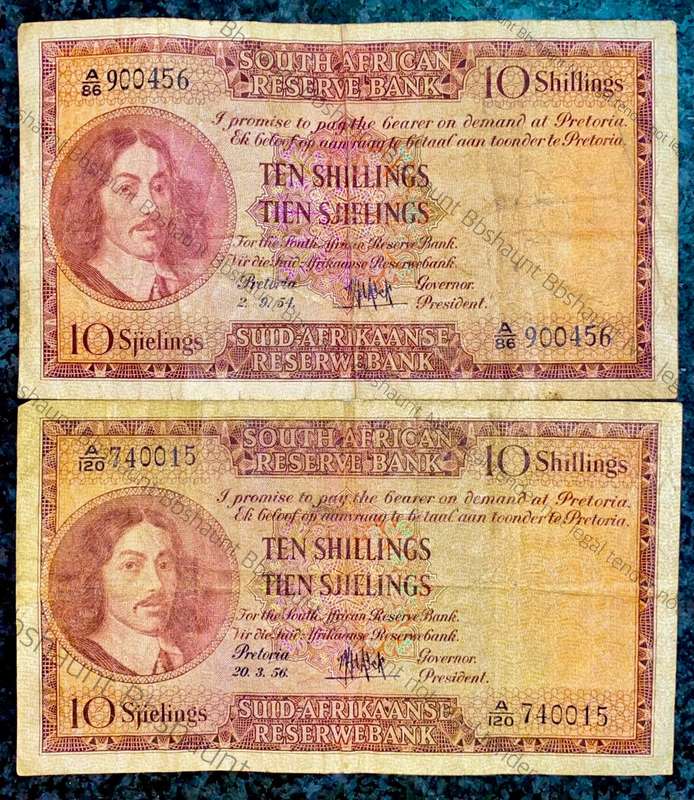 MH DE KOCK TWO DIFFERENT PROTEA COLORS 10 SHILLINGS 1954 & 1956(1 BID TAKES ALL)