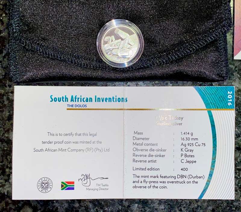 SOUTH AFRICA SILVER 2 1/2 CENT FLY PRESS TICKEY 2016 DOLLOS - 400 MINTAGE- DURBAN MINT MARK