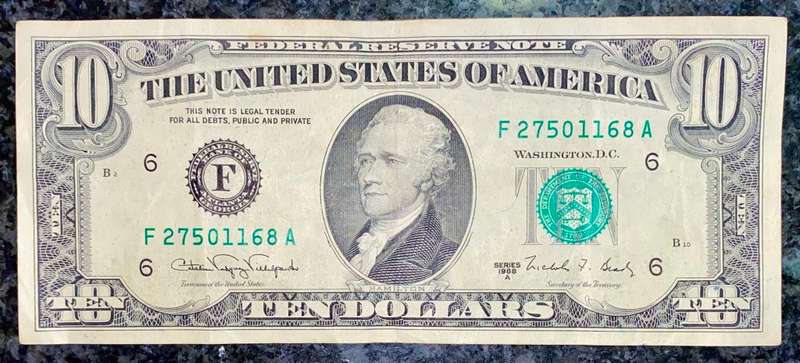 U S A 10 DOLLAR DALLAS 1988 GREEN SEAL WITH EYE STAMP