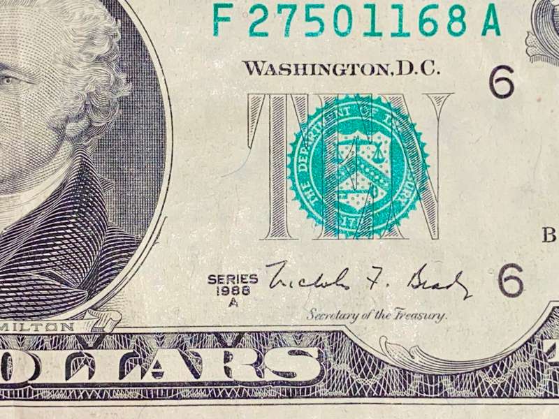 U S A 10 DOLLAR DALLAS 1988 GREEN SEAL WITH EYE STAMP