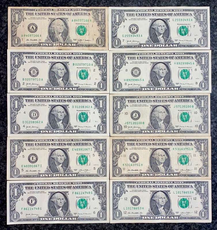 U S A - 1 DOLLAR FEDERAL BANK COLLECTION- BOSTON,NEW YORK,CLEVELAND,RICHMOND,ATLANTA,SAN FRANCISCO