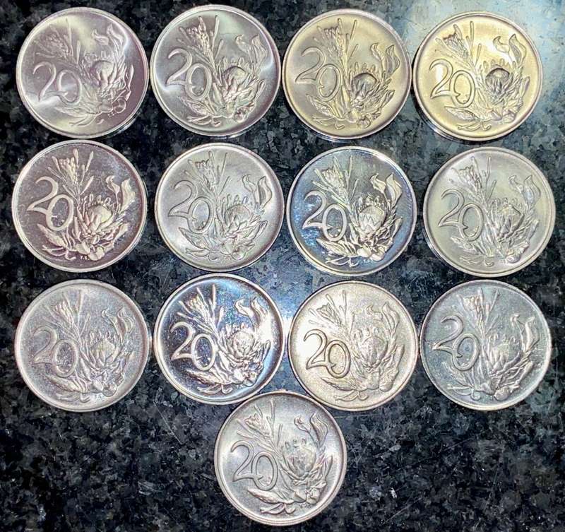 SOUTH AFRICA 20 CENT SOME PROOF 1970, 71, 72, 73, 75, 76, 80, 81, 83, 84, 87, 89, 90(1 BID TAKES ALL