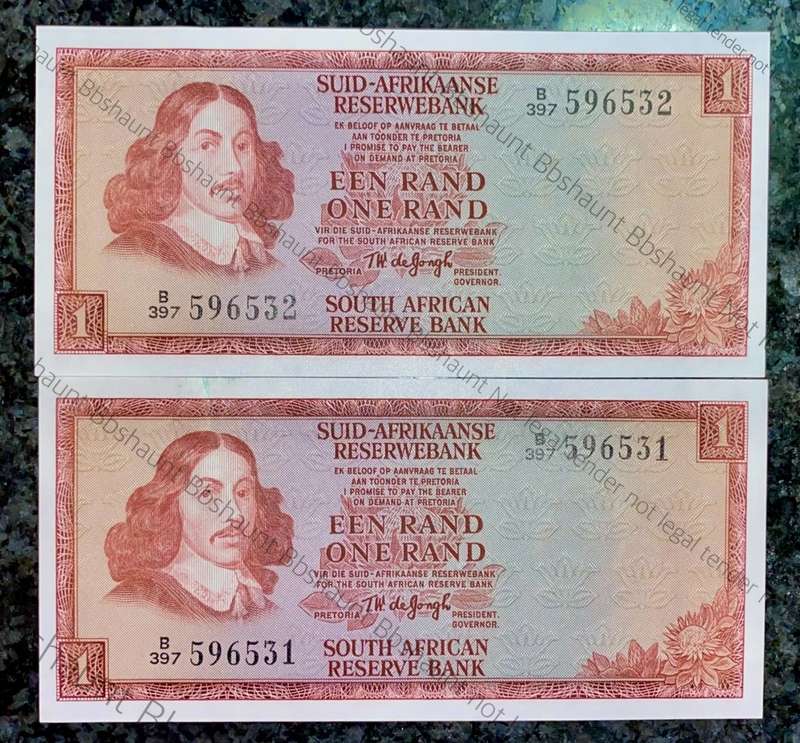 TW DE JONGH R1 IN SEQUENCE B397 /596531-532 UNC 3RD ISSUE 1975(1 BID TAKES ALL)