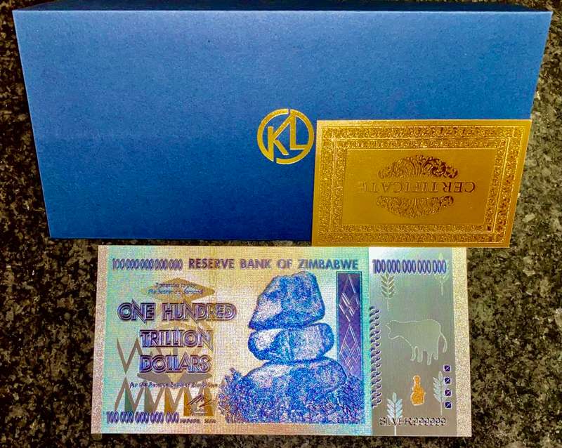 ZIMBABWE - 100 TRILLION DOLLARS SILVER 2008 - GOLD FOIL999 CARD - AMAZING ART - WITH CERT & FOLDER