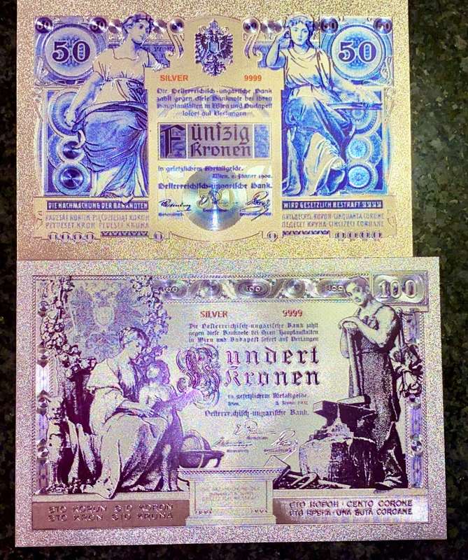 AUSTRIA - SET 100 KRONEN & 50 KRONEN 1902 -SILVER - COLORIZED GOLD FOIL999 CARD